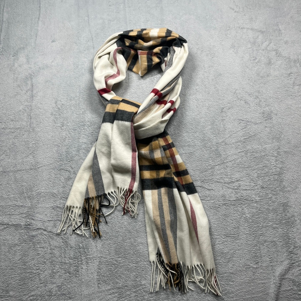 Charter Club Scarf Womens Cream Tan Plaid Fringed Acrylic Made in Germany OS